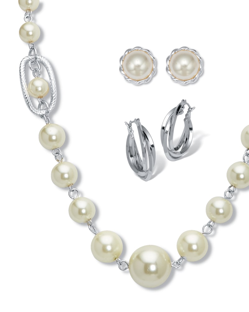Front of a size 18 in Silvertone Simulated Pearl Silvertone Graduated Jewelry Set, 18 inches in White by PalmBeach Jewelry. | dia_product_style_image_id:333177